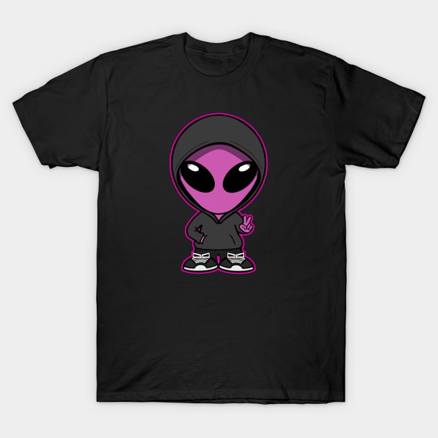 Hooded Space Alien Peace Hand Sign Pink T-Shirt by SpaceAlienTees